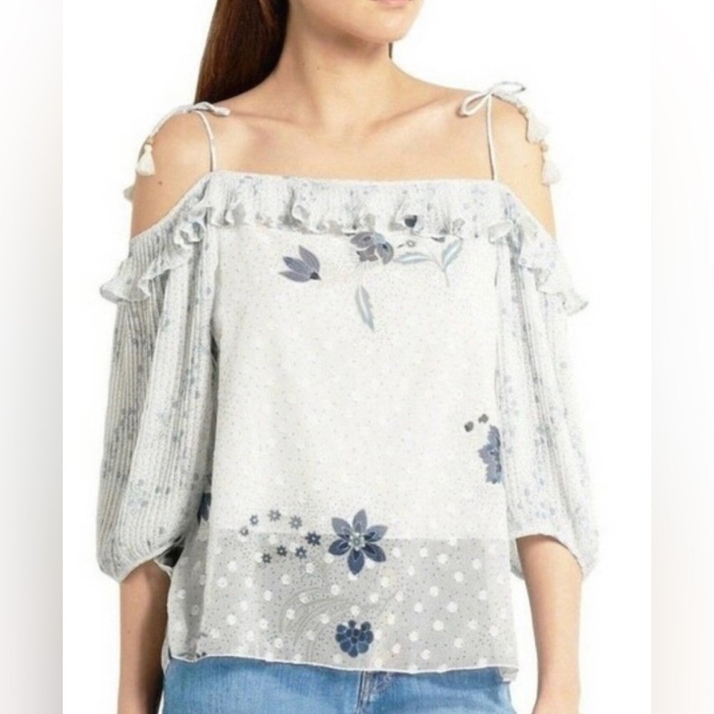 Retail $250 See by Chloe Off Shoulder Floral Sheer Swiss Dot Georgette Blouse